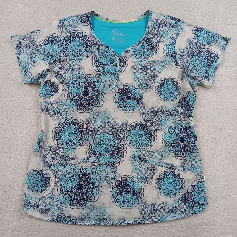 Healing Hands Scrub Top Premiere Women L Blue Mandala Medallion Stretch Y-Neck
